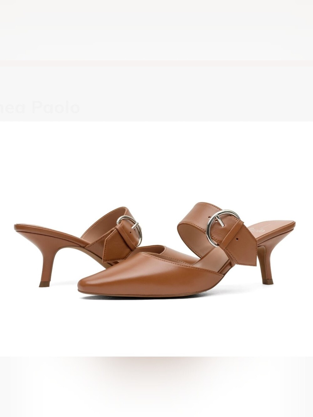 Linea Paolo Cynthia Tan Leather Pointed-Toe Mule with Buckle Strap New In Box